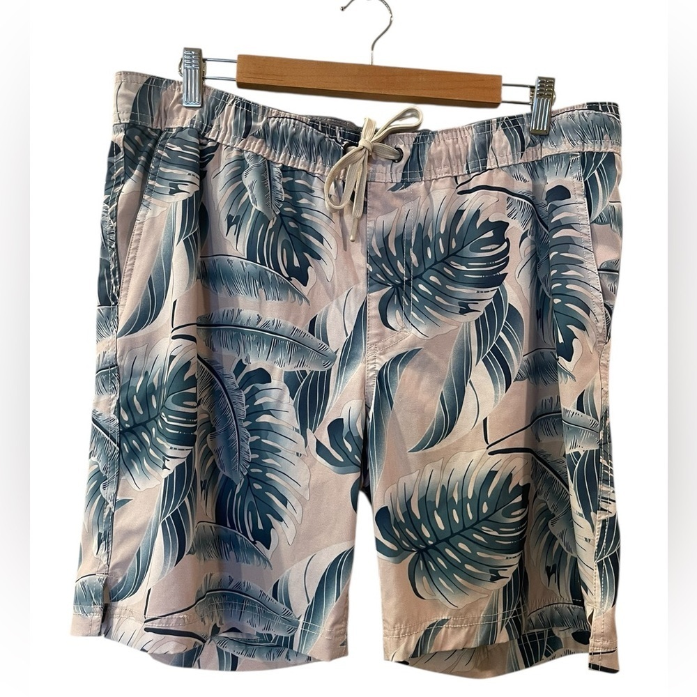 Hurley Swim Trunks Mens Large Green Beige Hawaiian Leaves Compression Lined 7"